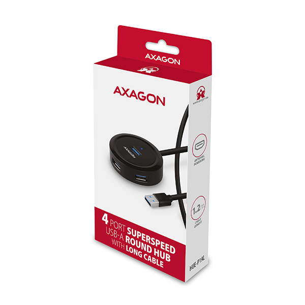 AXAGON HUE-P1AL,  4x USB 3.2 Gen 1 ROUND hub,  micro USB napájací konektor,  kábel USB-A 1.2 m1 