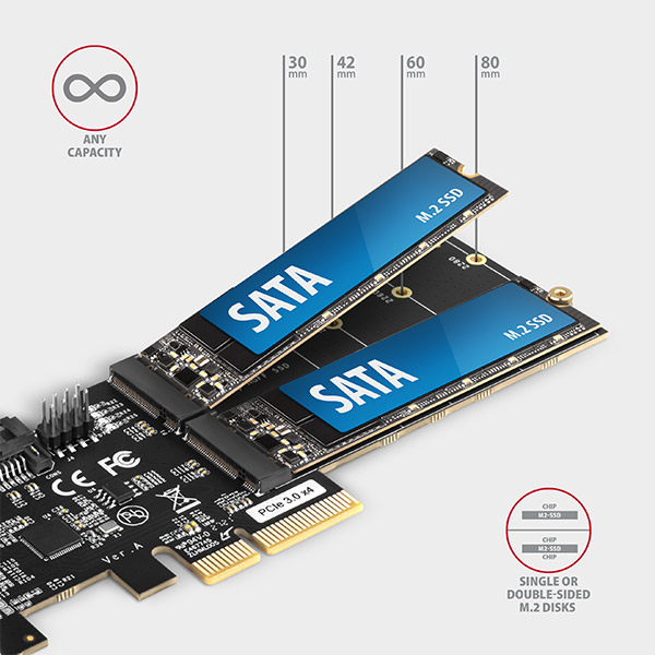AXAGON PCES-SA4M2,  PCIe radič - 2x interný SATA 6G port + 2x SATA M.2 slot,  ASM1164,  SP & LP2 