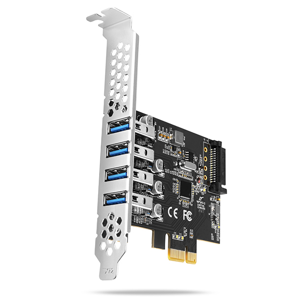 AXAGON PCEU-43RS,  PCIe radič,  4x USB 3.2 Gen 1 port,  5 Gbps,  napájanie z PCIe alebo SATA,  SP & LP0 