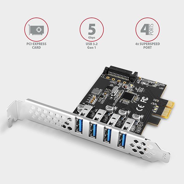 AXAGON PCEU-43RS,  PCIe radič,  4x USB 3.2 Gen 1 port,  5 Gbps,  napájanie z PCIe alebo SATA,  SP & LP1 
