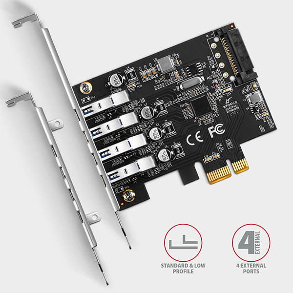 AXAGON PCEU-43RS,  PCIe radič,  4x USB 3.2 Gen 1 port,  5 Gbps,  napájanie z PCIe alebo SATA,  SP & LP2 