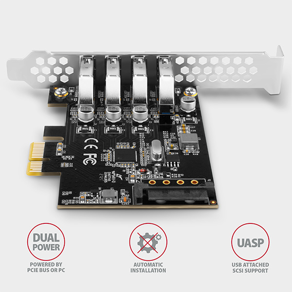 AXAGON PCEU-43RS,  PCIe radič,  4x USB 3.2 Gen 1 port,  5 Gbps,  napájanie z PCIe alebo SATA,  SP & LP3 