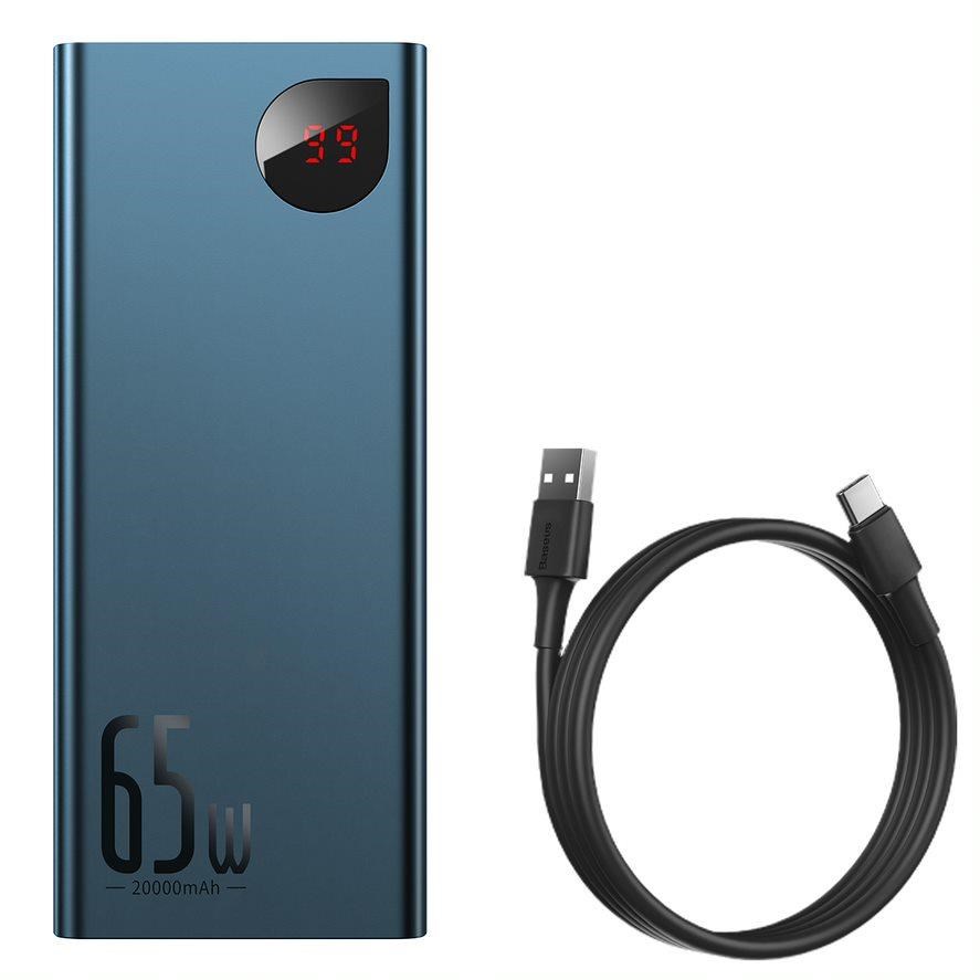 Baseus Adaman Metal Power Banka s digitálním displejem QC + PD 20000mAh 65W,  modrá + USB-A/ USB-C kabel 30cm,  černá0 