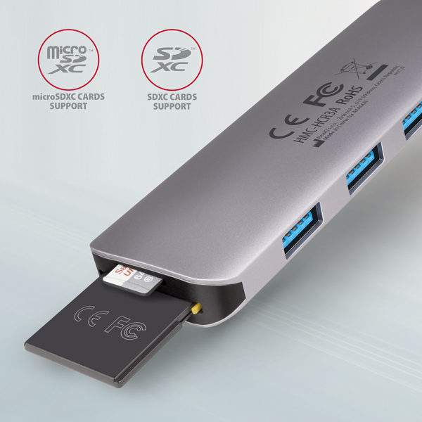 AXAGON HMC-HCR3A,  USB 3.2 Gen 1 hub,  3x USB-A porty,  HDMI 4k/ 30Hz,  SD/ microSD,  USB-C kábel 20cm7 