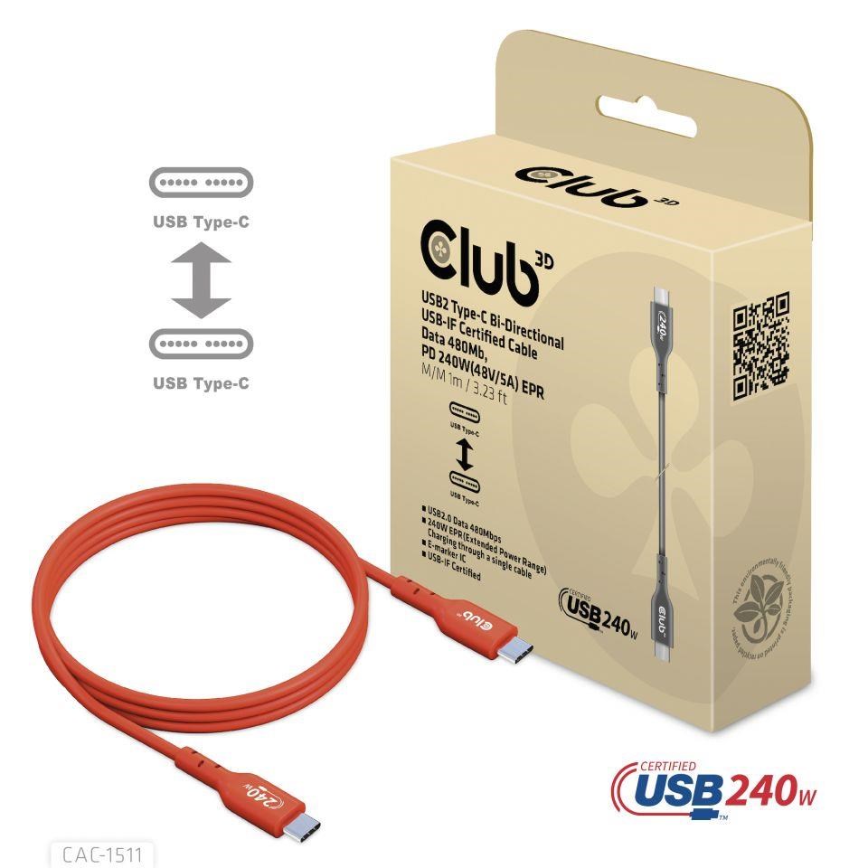 Club3D kabel USB-C,  Oboustranný USB-IF Certifikovaný data kabel,  PD 240W(48V/ 5A) EPR M/ M 1m0 
