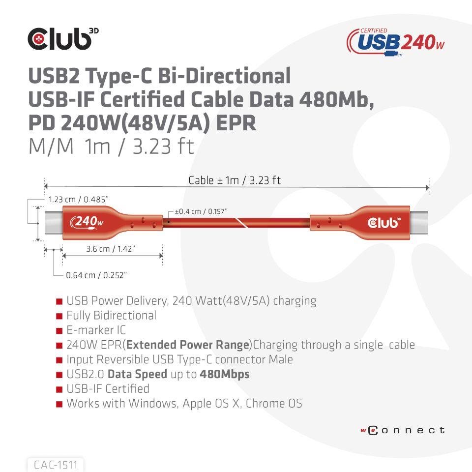 Club3D kabel USB-C,  Oboustranný USB-IF Certifikovaný data kabel,  PD 240W(48V/ 5A) EPR M/ M 1m2 