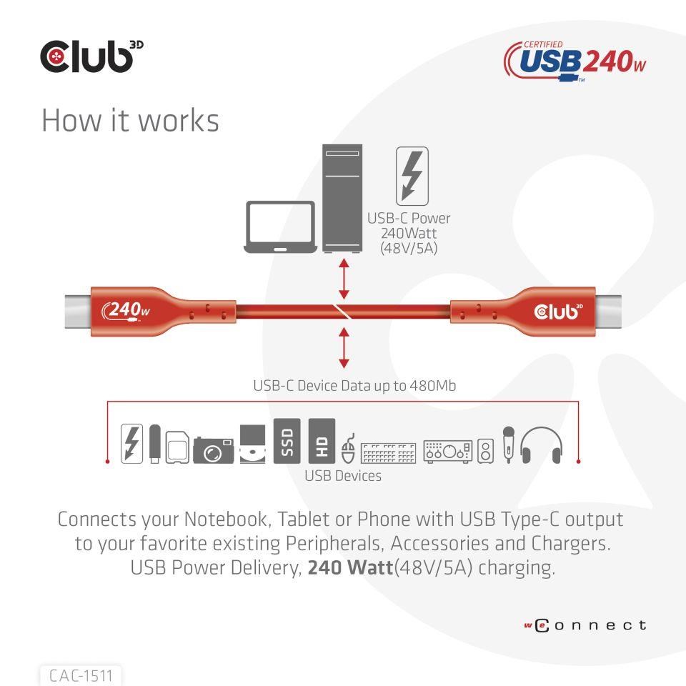 Club3D kabel USB-C,  Oboustranný USB-IF Certifikovaný data kabel,  PD 240W(48V/ 5A) EPR M/ M 1m3 