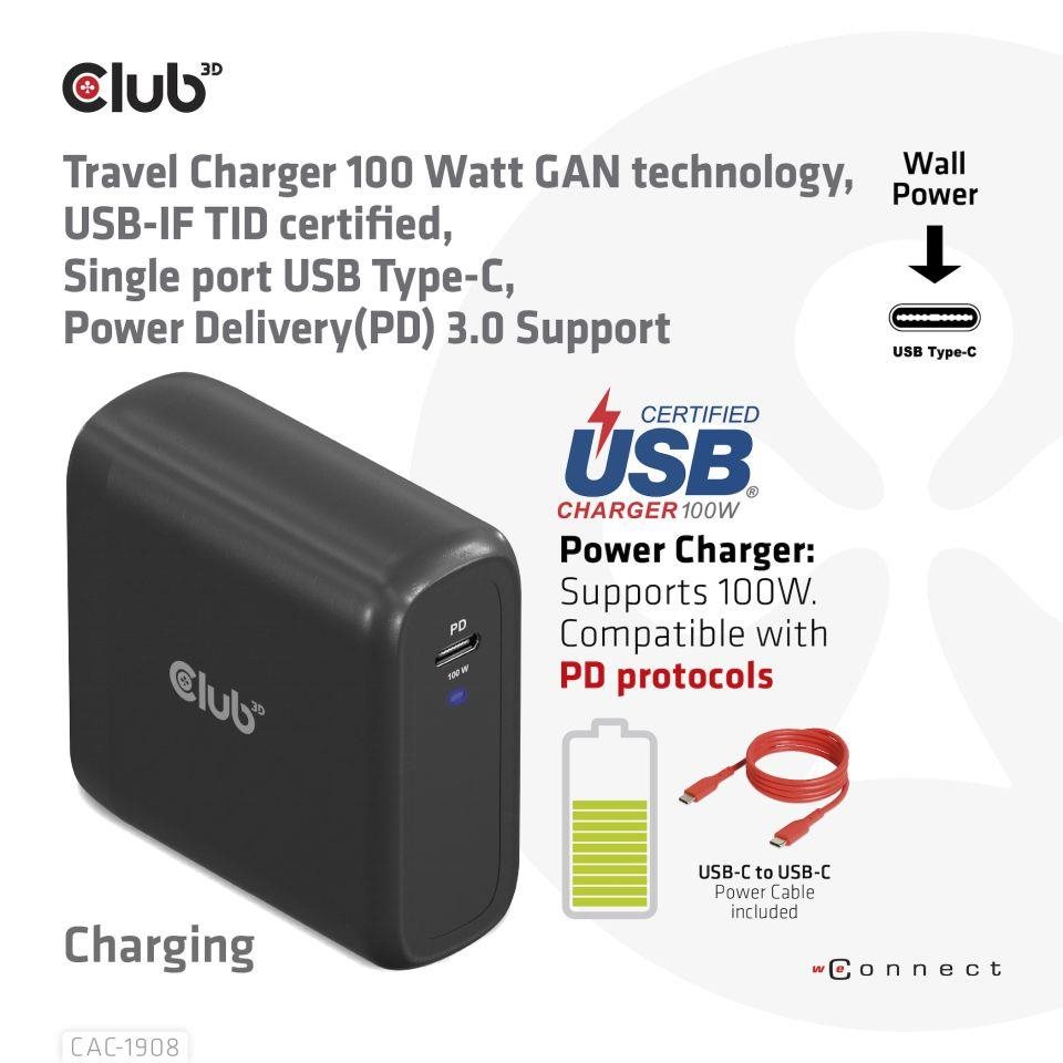 Club3D cestovní nabíječka 100W GAN technologie, USB-IF TID certified, USB Type-C, Power Delivery(PD) 3.0 Support3 