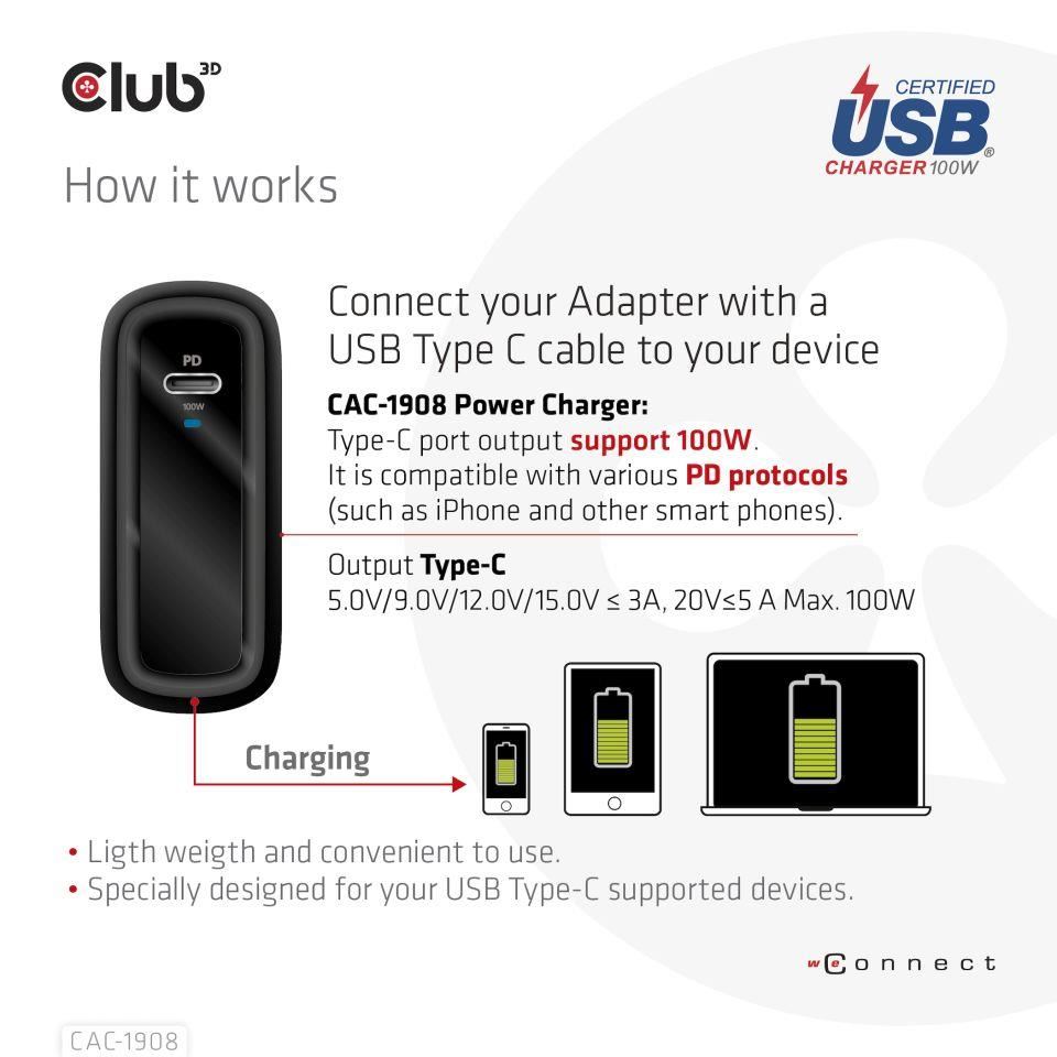 Club3D cestovní nabíječka 100W GAN technologie, USB-IF TID certified, USB Type-C, Power Delivery(PD) 3.0 Support0 