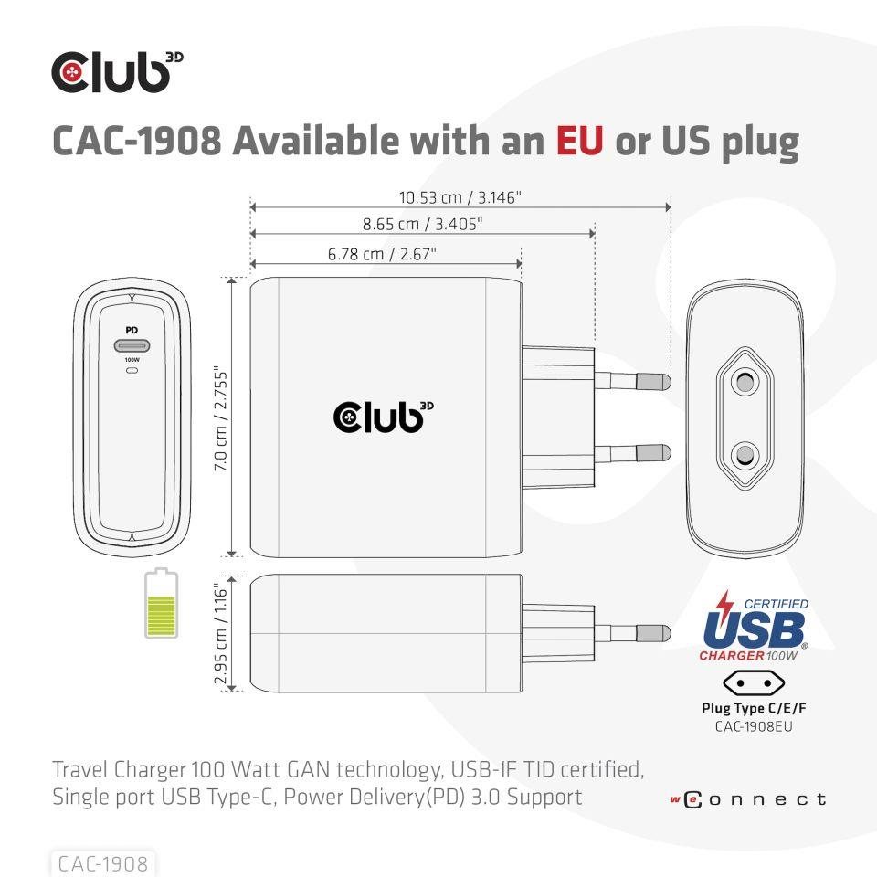 Club3D cestovní nabíječka 100W GAN technologie, USB-IF TID certified, USB Type-C, Power Delivery(PD) 3.0 Support1 