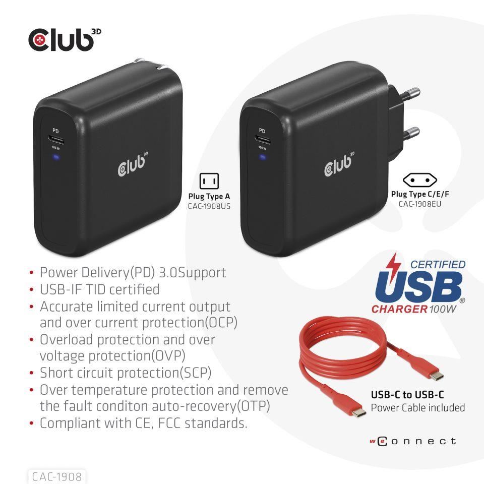 Club3D cestovní nabíječka 100W GAN technologie, USB-IF TID certified, USB Type-C, Power Delivery(PD) 3.0 Support5 