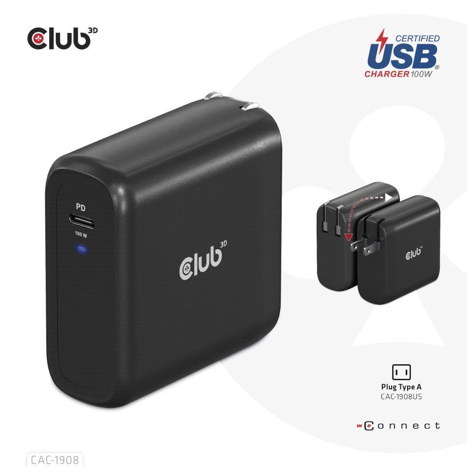 Club3D cestovní nabíječka 100W GAN technologie, USB-IF TID certified, USB Type-C, Power Delivery(PD) 3.0 Support7 