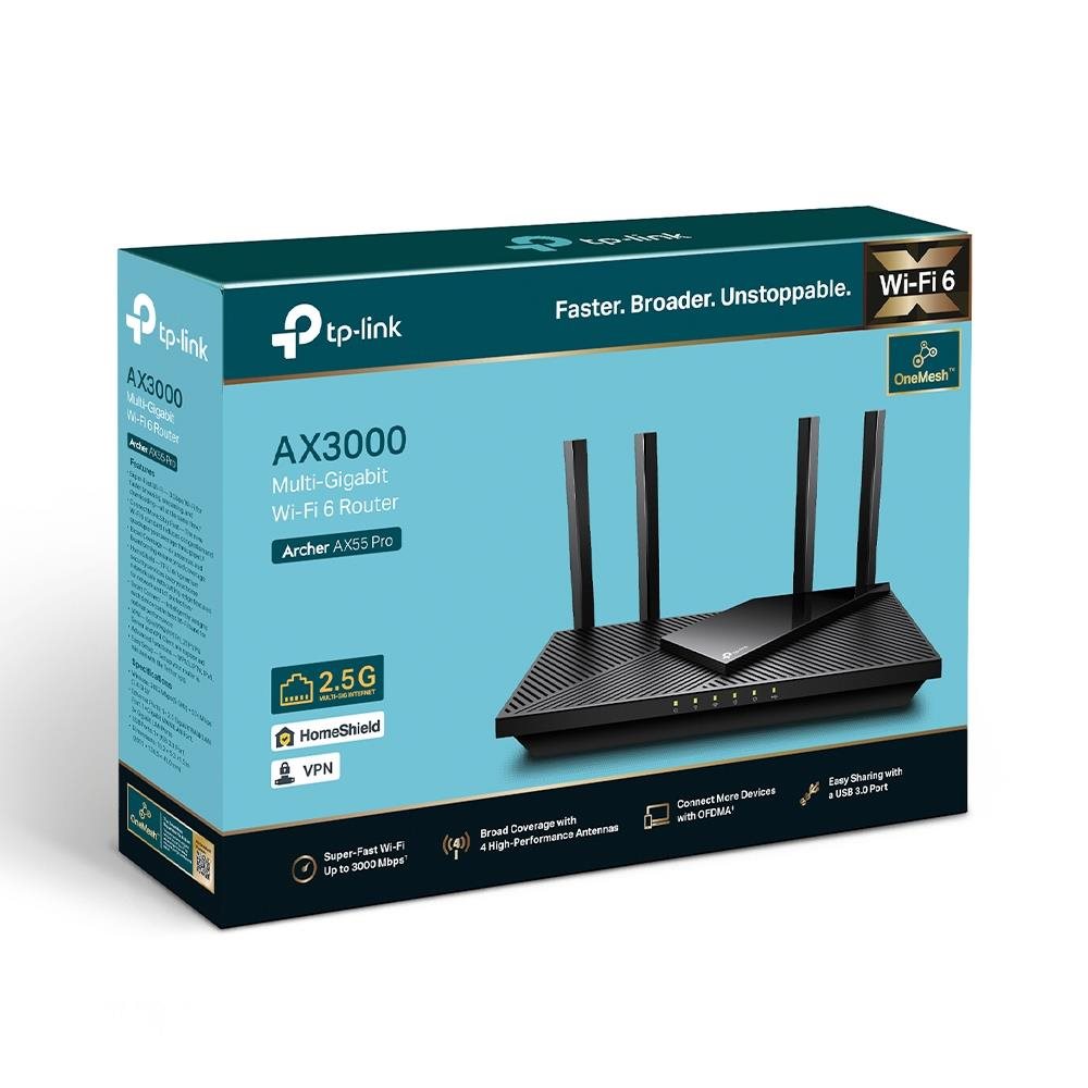 TP-Link Archer AX55 Pro OneMesh/ EasyMesh WiFi6 router(AX3000, 2, 4GHz/ 5GHz, 3xGbELAN, 1x2, 5GbELAN/ WAN, 1xGbELAN/ WAN, 1xUSB3.0)1 