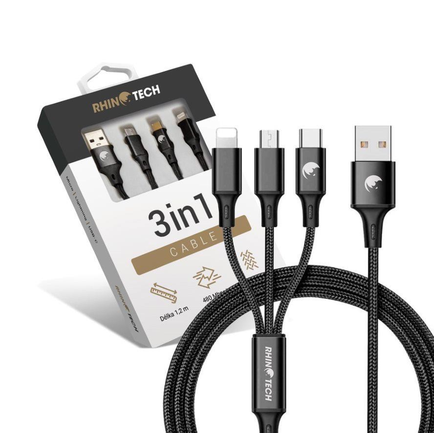 RhinoTech nabíjecí a datový kabel 3v1 USB-A (MicroUSB + Lightning + USB-C) 1,2m černá1 