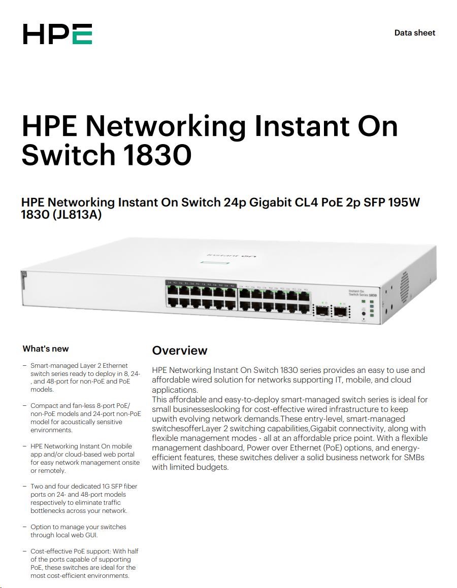 HPE Networking Instant On Switch 24p Gigabit CL4 PoE 2p SFP 195W 1830 (JL813A)4 