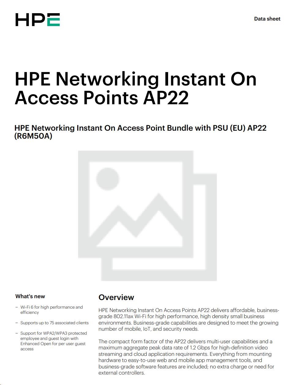 HPE Networking Instant On Access Point Bundle with PSU (EU) AP22 (Includes 12V Power Adapter with EU Power Plug) R6M50A2 