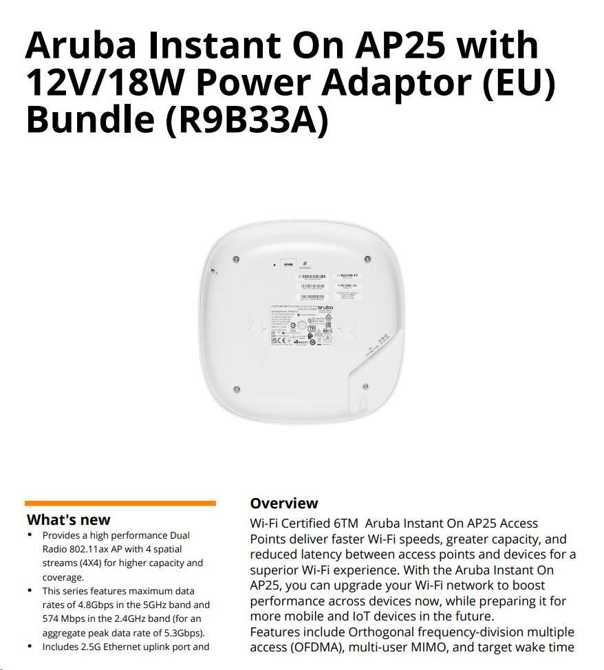 Aruba Instant On AP25 with 12V/ 18W Power Adaptor (EU) Bundle4 