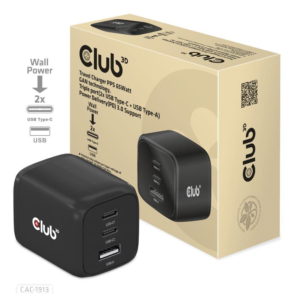 Club3D cestovní nabíječka 65W GAN technologie,  3 porty (2xUSB-C + USB-A),  PPS,  Power Delivery(PD) 3.0 Support6 