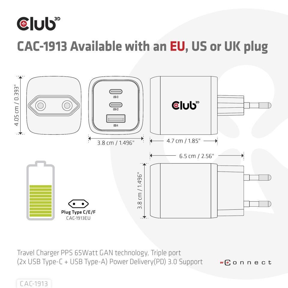 Club3D cestovní nabíječka 65W GAN technologie, 3 porty (2xUSB-C + USB-A), PPS, Power Delivery(PD) 3.0 Support6 