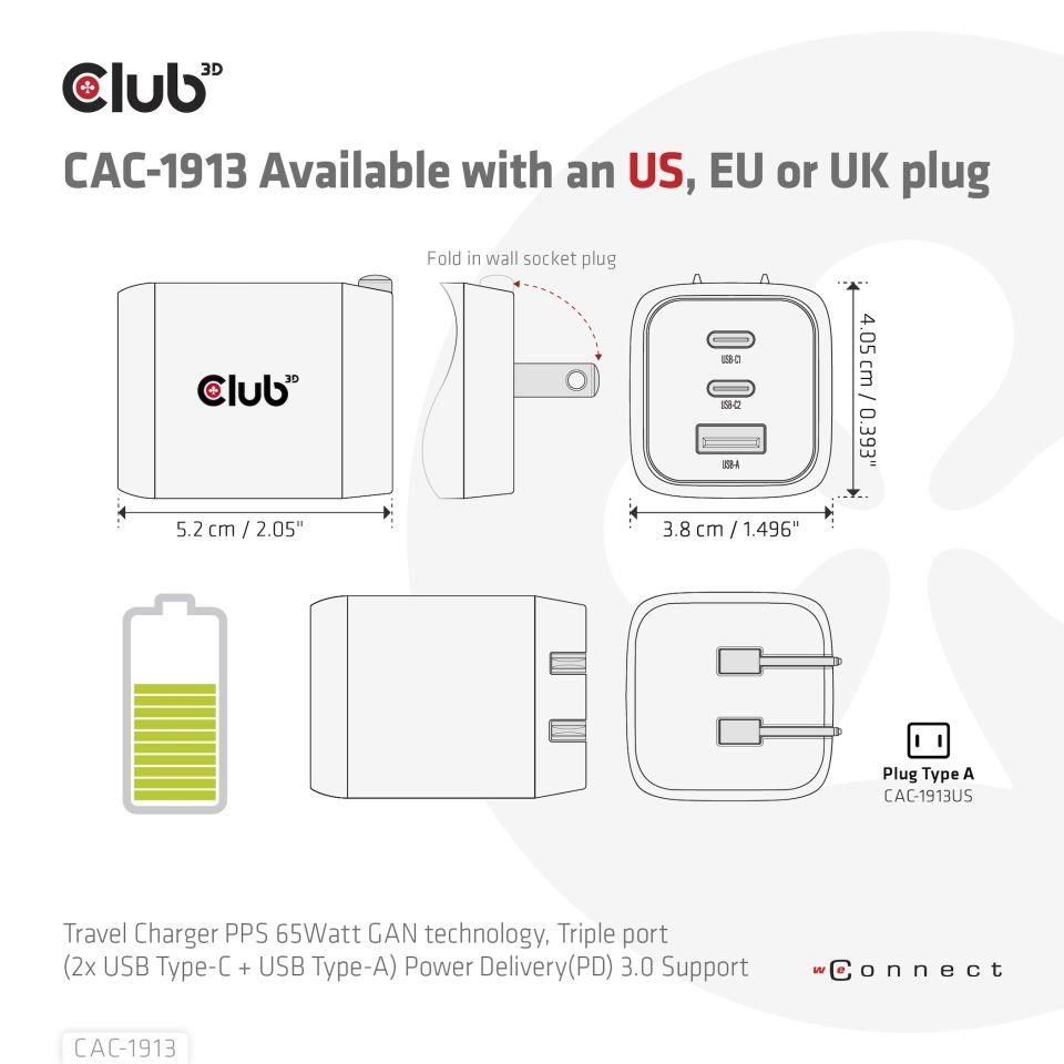 Club3D cestovní nabíječka 65W GAN technologie,  3 porty (2xUSB-C + USB-A),  PPS,  Power Delivery(PD) 3.0 Support2 