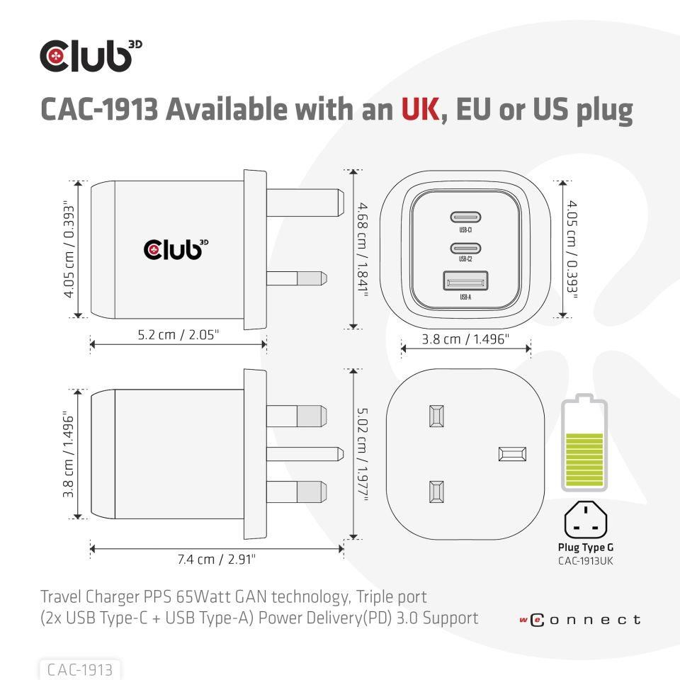 Club3D cestovní nabíječka 65W GAN technologie,  3 porty (2xUSB-C + USB-A),  PPS,  Power Delivery(PD) 3.0 Support3 
