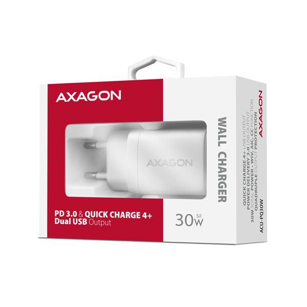 AXAGON ACU-PQ30W,  Sil nabíjačka do siete 30W,  2x port (USB-A + USB-C),  PD3.0/ PPS/ QC4+/ SFC/ AFC/ Apple,  biela9 