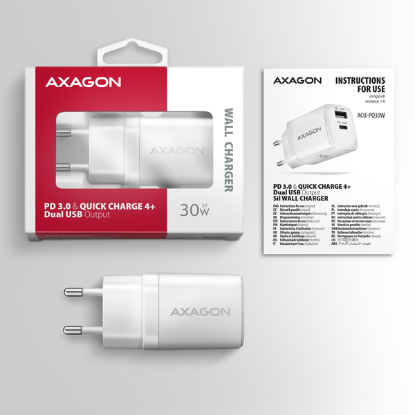 AXAGON ACU-PQ30W,  Sil nabíjačka do siete 30W,  2x port (USB-A + USB-C),  PD3.0/ PPS/ QC4+/ SFC/ AFC/ Apple,  biela7 