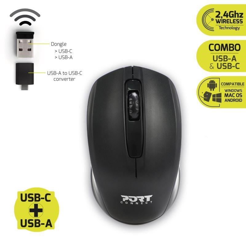 PORT bezdrátová myš Wireless office, USB-A/USB-C dongle, 2,4Ghz, 1000DPI, černá2 