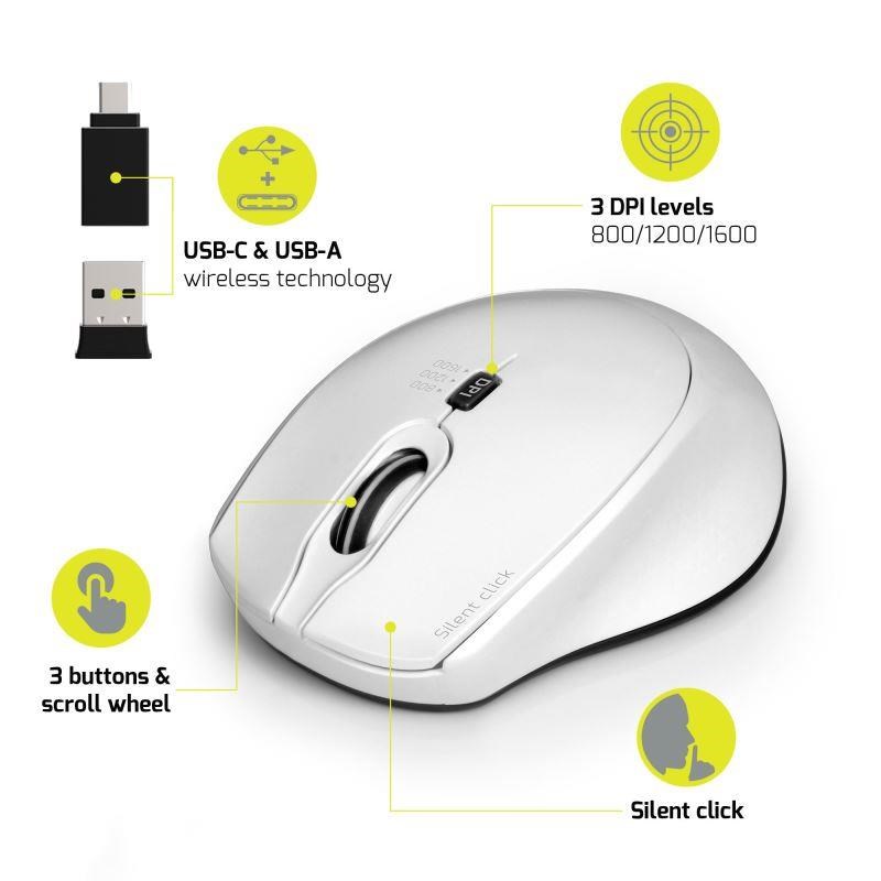 PORT bezdrátová myš SILENT,  USB-A/ USB-C dongle,  2, 4Ghz,  1600DPI,  bílá2 