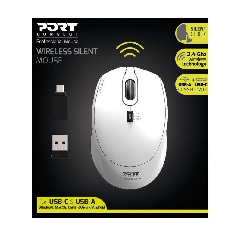 PORT bezdrátová myš SILENT,  USB-A/ USB-C dongle,  2, 4Ghz,  1600DPI,  bílá3 