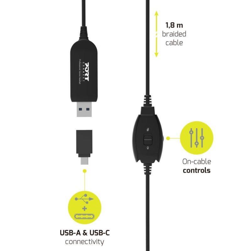 PORT stereo headset s mikrofonem,  USB-A/ USB-C,  černá1 