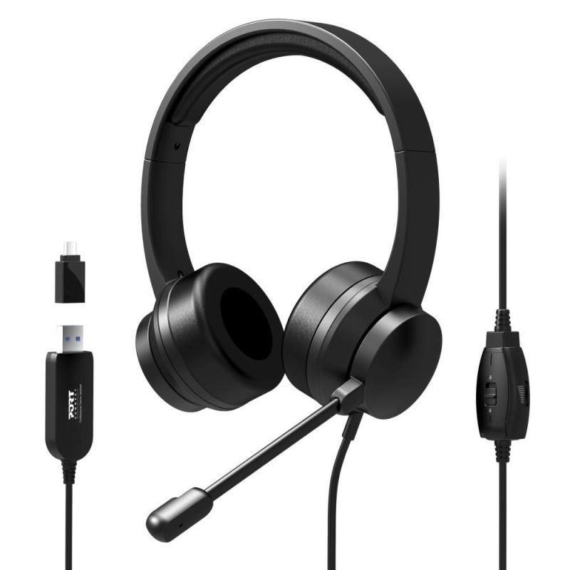 PORT stereo headset s mikrofonem,  USB-A/ USB-C,  černá5 