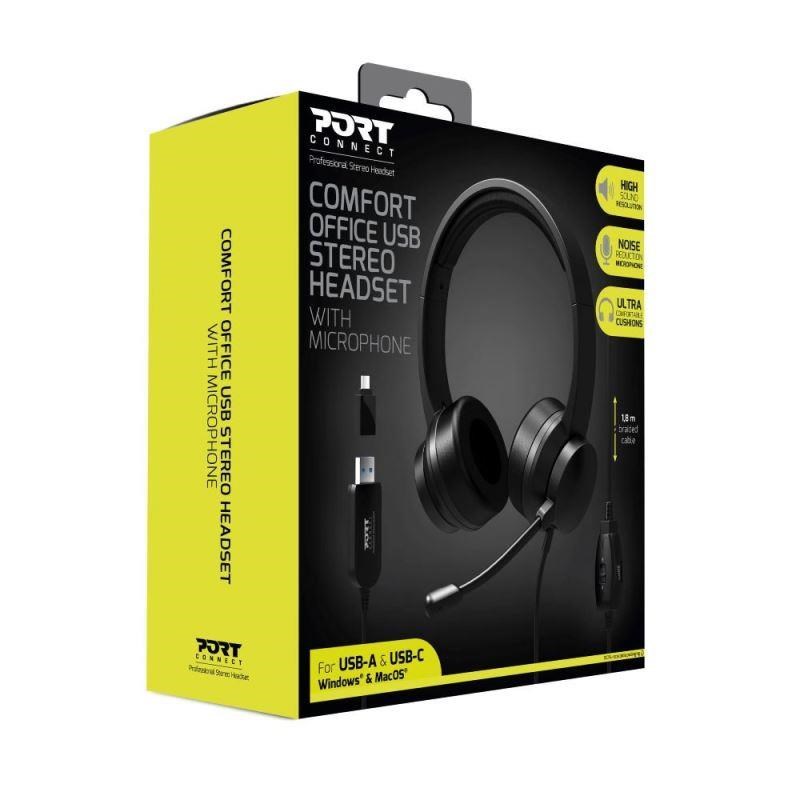 PORT stereo headset s mikrofonem,  USB-A/ USB-C,  černá6 