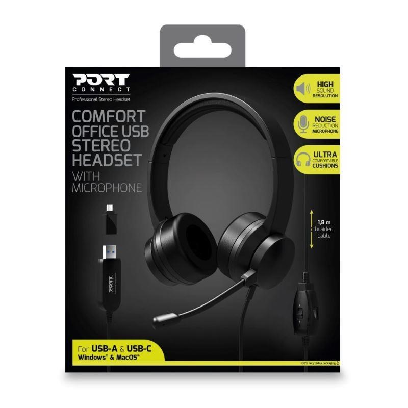PORT stereo headset s mikrofonem,  USB-A/ USB-C,  černá8 