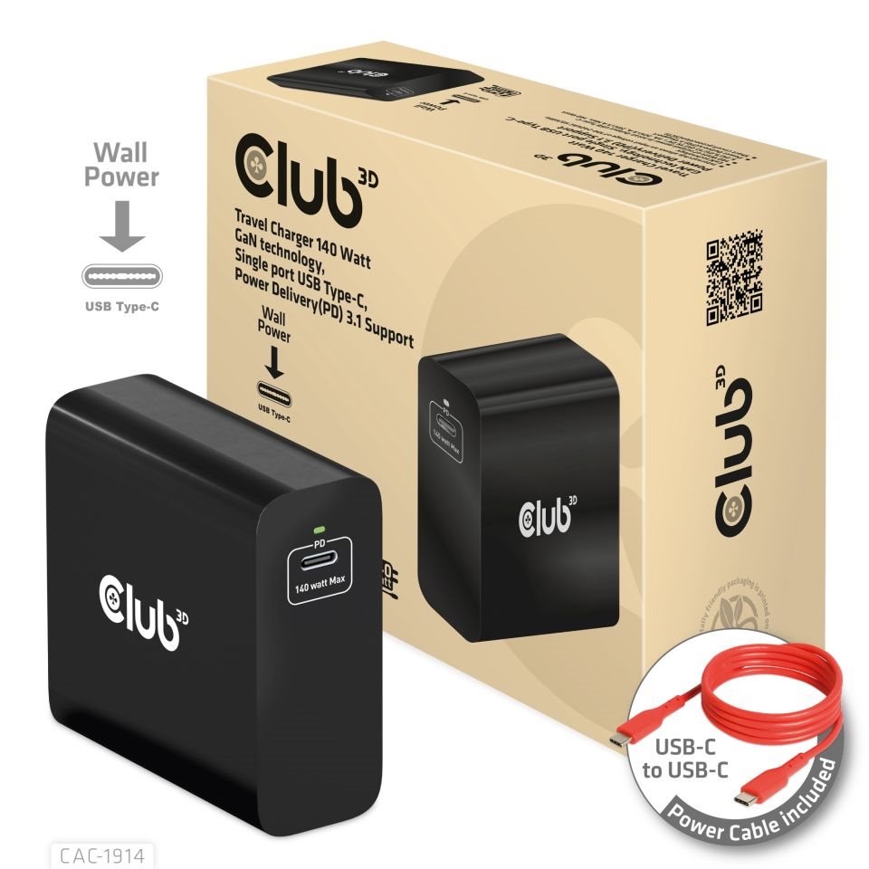 Club3D cestovní nabíječka USB-C 140W GaN Technologie,  1xUSB-C,  podpora PD 3.13 