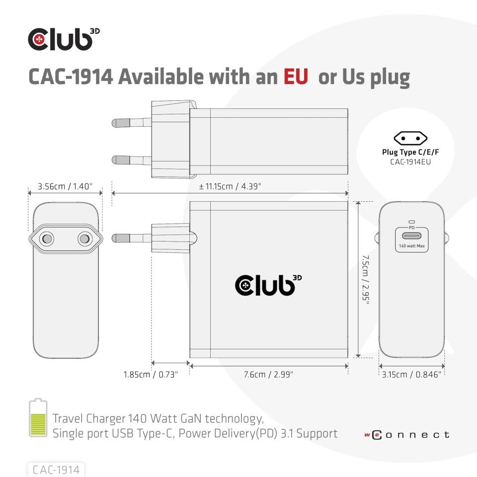 Club3D cestovní nabíječka USB-C 140W GaN Technologie,  1xUSB-C,  podpora PD 3.12 