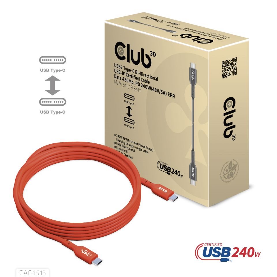 Club3D Kabel USB2 Type-C Bi-Directional USB-IF Certifikovaný 480Mb,  PD 240W(48V/ 5A) EPR M/ M 3m1 