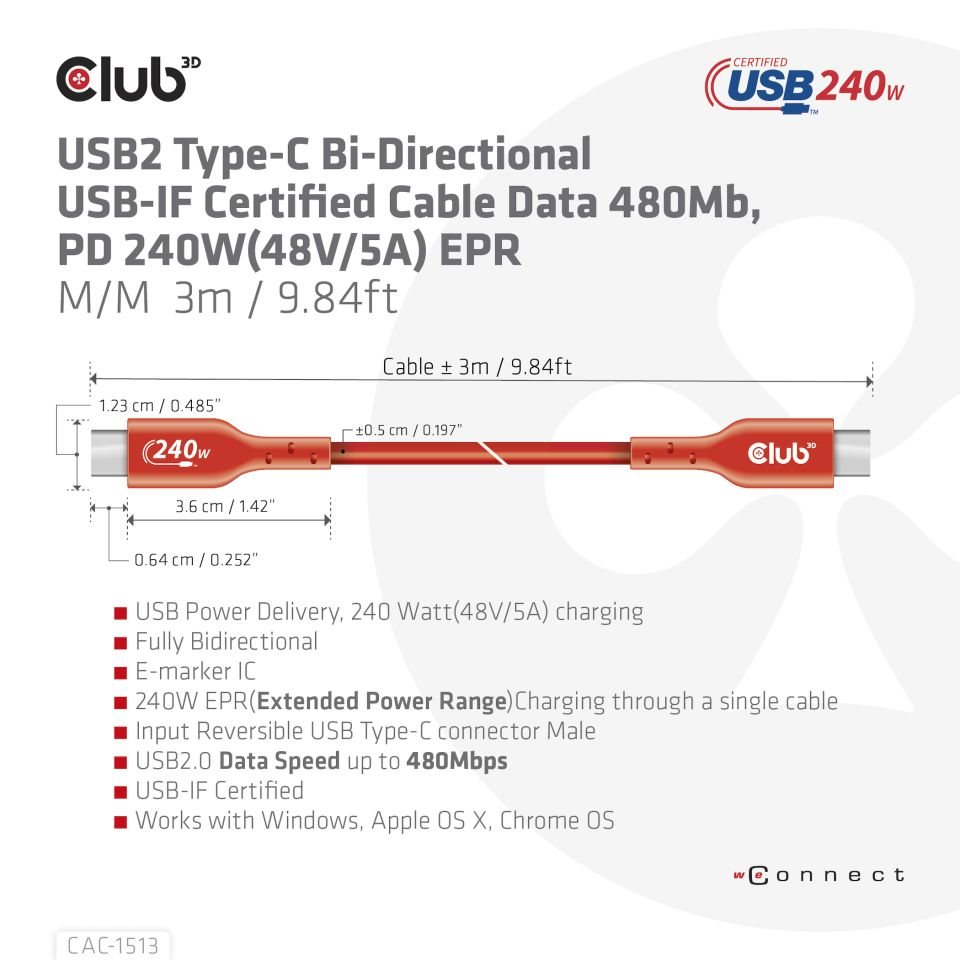 Club3D Kabel USB2 Type-C Bi-Directional USB-IF Certifikovaný 480Mb,  PD 240W(48V/ 5A) EPR M/ M 3m3 