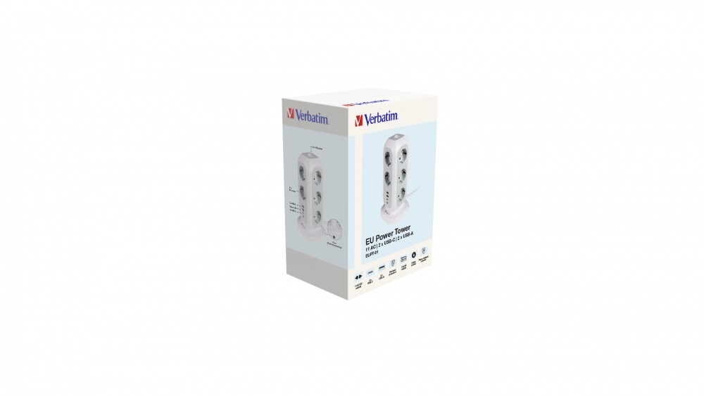 VERBATIM EU Power Tower EUPT-01 Nabíjecí stanice ,11x 230V, 2x USB-C, 2x USB-A5 