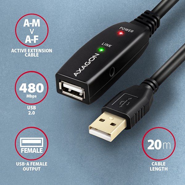 AXAGON ADR-220, USB 2.0 A-M -> A-F aktívny predlžovací / repeater kábel, 20m4 