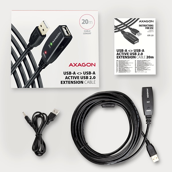 AXAGON ADR-220, USB 2.0 A-M -> A-F aktívny predlžovací / repeater kábel, 20m3 