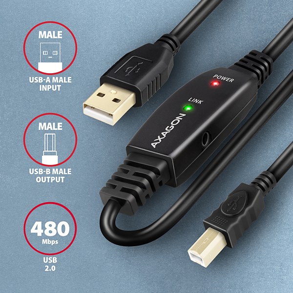 AXAGON ADR-220B,  USB 2.0 A-M -> B-M aktívny prepojovací /  repeater kábel,  20 m4 