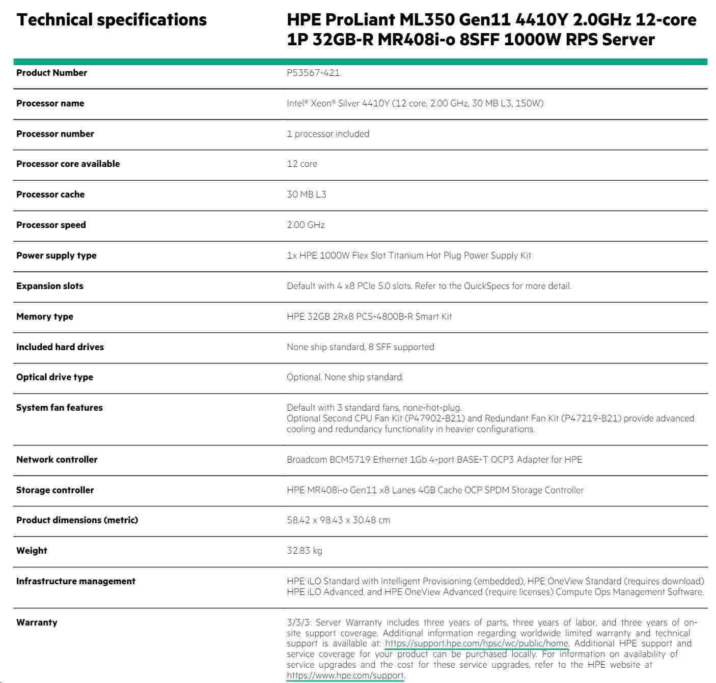 HPE PL ML350g11 4410Y (2.0G/ 12C) 1x32G MR408i-o 8-24SFF U3 (SAS/ SATA/ NVMe) 4x1Gb 1x1000W iLo NBD3334 