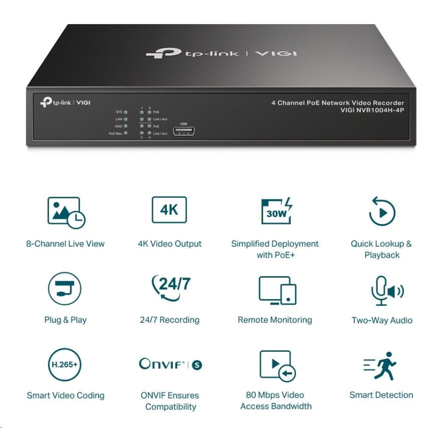 TP-Link VIGI NVR1004H-4P,  videorekordér,  4 channels,  4xPoE,  1xSATA,  1x100Mb/ s LAN,  2xUSB2.0,  1xHDMI, 1xVGA4 