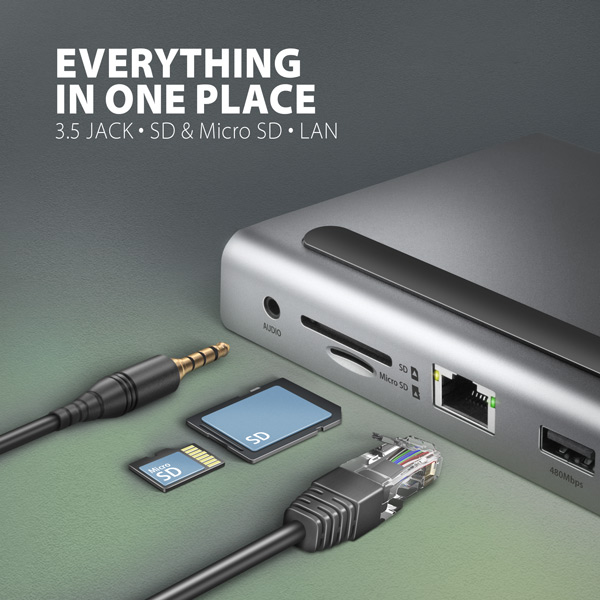 AXAGON HMC-4KX3 USB 5Gbps hub,  3x USB-A,  2x HDMI,  DP,  RJ-45 GLAN,  SD/ microSD,  audio,  PD 100W,  kábel USB-C 40cm7 