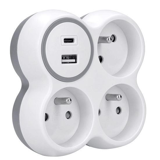 Solight rozbočka,  3x 15A,  USB nabíječka A+C,  bílá-šedá2 