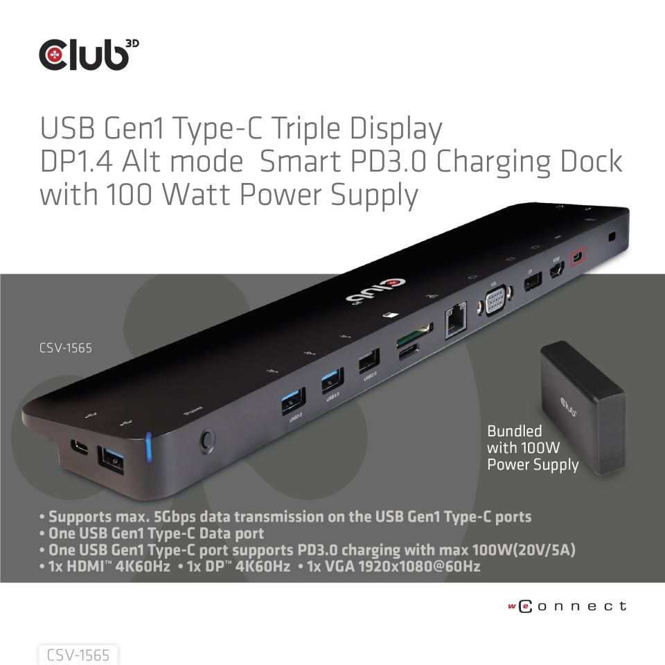 Club3D Dokovací stanice USB-C, Triple Display DP 1.4 Alt mode Smart PD3.0 Charging Dock with 100 Watt PS1 