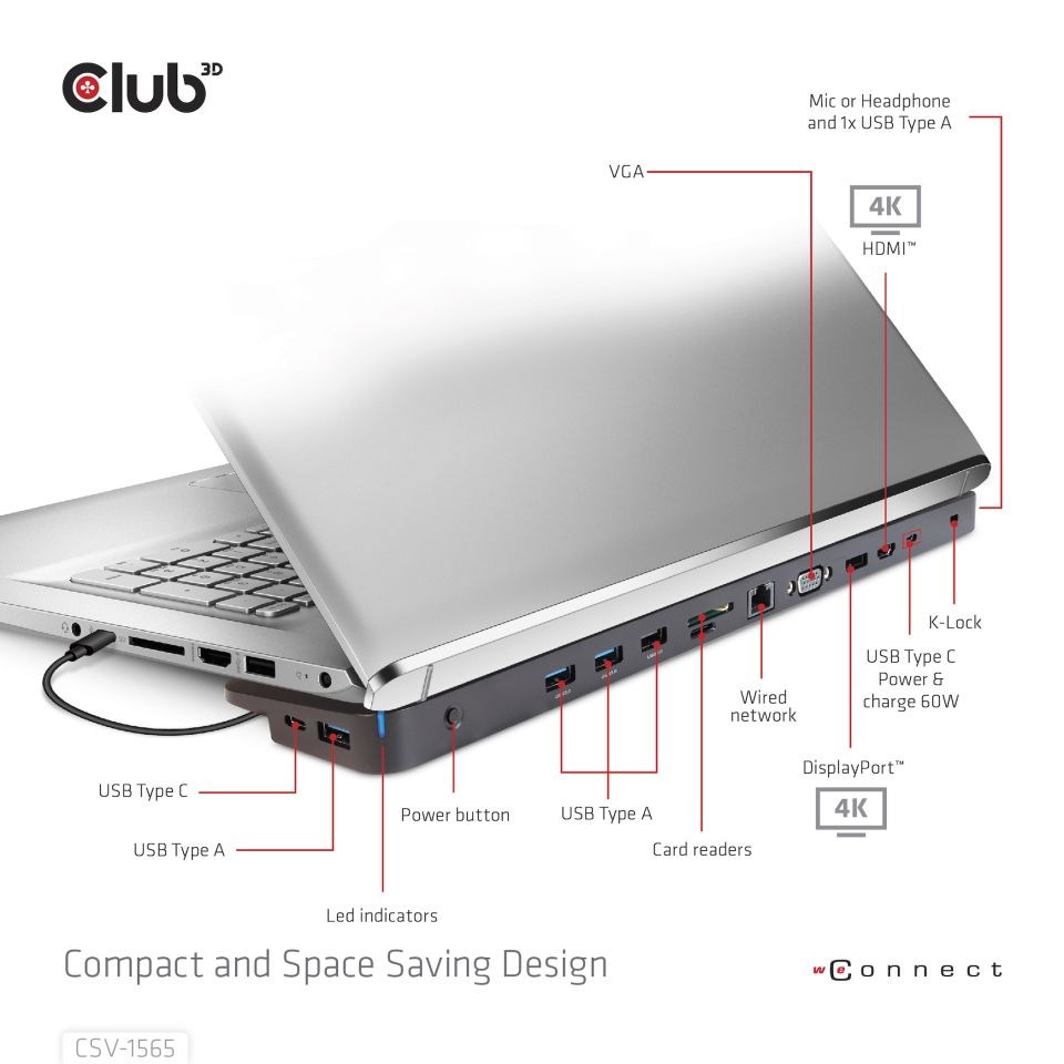 Club3D Dokovací stanice USB-C, Triple Display DP 1.4 Alt mode Smart PD3.0 Charging Dock with 100 Watt PS2 