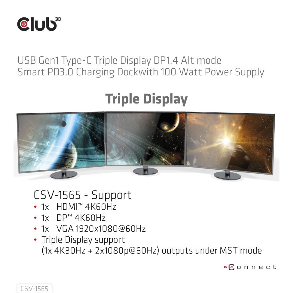 Club3D Dokovací stanice USB-C, Triple Display DP 1.4 Alt mode Smart PD3.0 Charging Dock with 100 Watt PS6 
