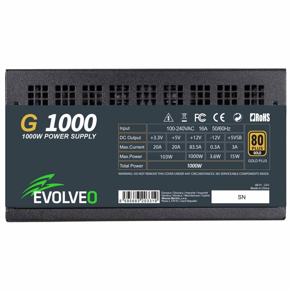 EVOLVEO G1000 PCIe 5.0,  zdroj 1000W,  ATX 3.0,  80+ GOLD,  90% účinnost,  aPFC,  140mm ventilátor,  retail1 